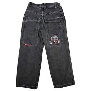 JNCO Jeans Embroidered Dragon Black Jeans 10" Wide Leg Y2K VTG Youth Size 16